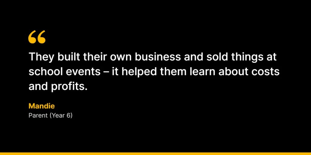 “They built their own business and sold things at school events – it helped them learn about costs and profits.” – Mandie, Parent (Year 6)